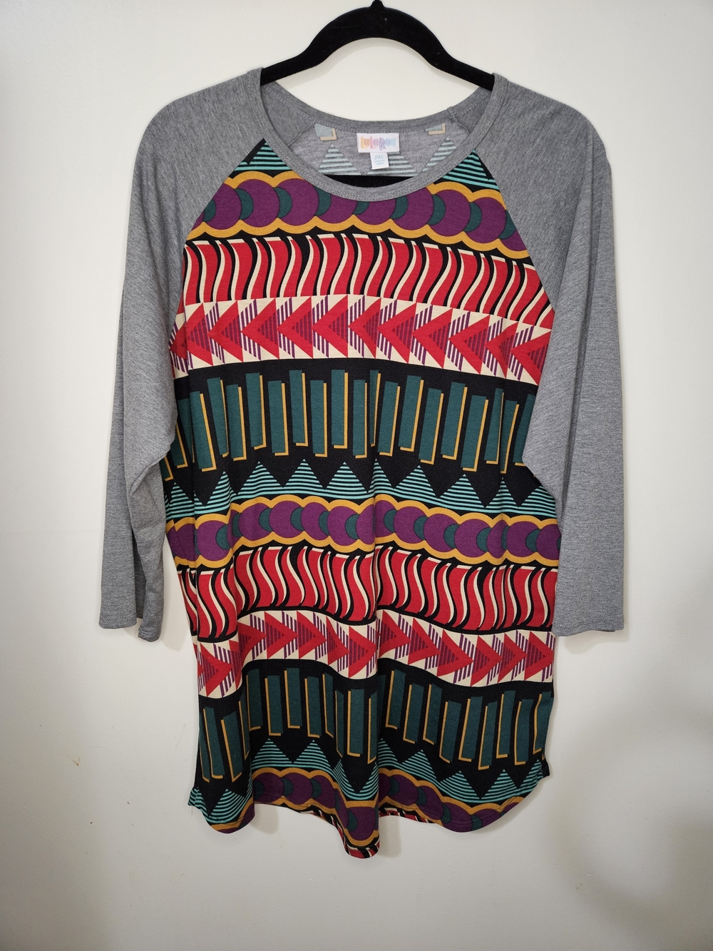 LuLaRoe Gray Sleeve Geometric Randy with Red, Teal, Purple and Gold Print
